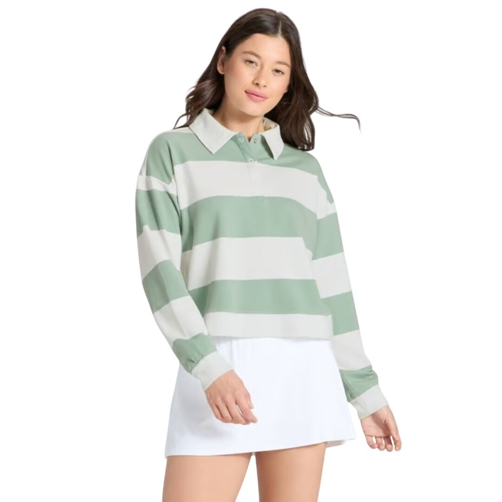 All in Motion Women's Modal French Terry Green Striped Polo Sweatshirt Size XL - Picture 1 of 6